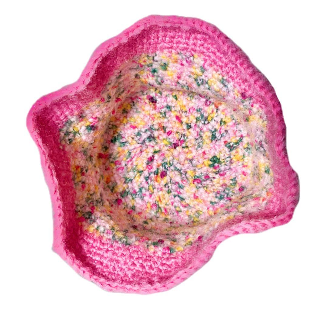 カラフルニット帽子　ハンドメイド　手編み　ピンクtweet 毛糸