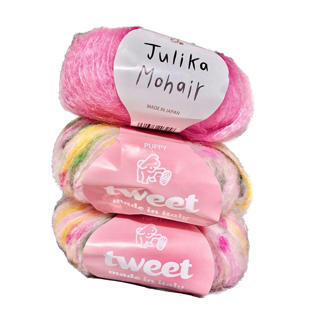 カラフルニット帽子　ハンドメイド　手編み　ピンクtweet 毛糸