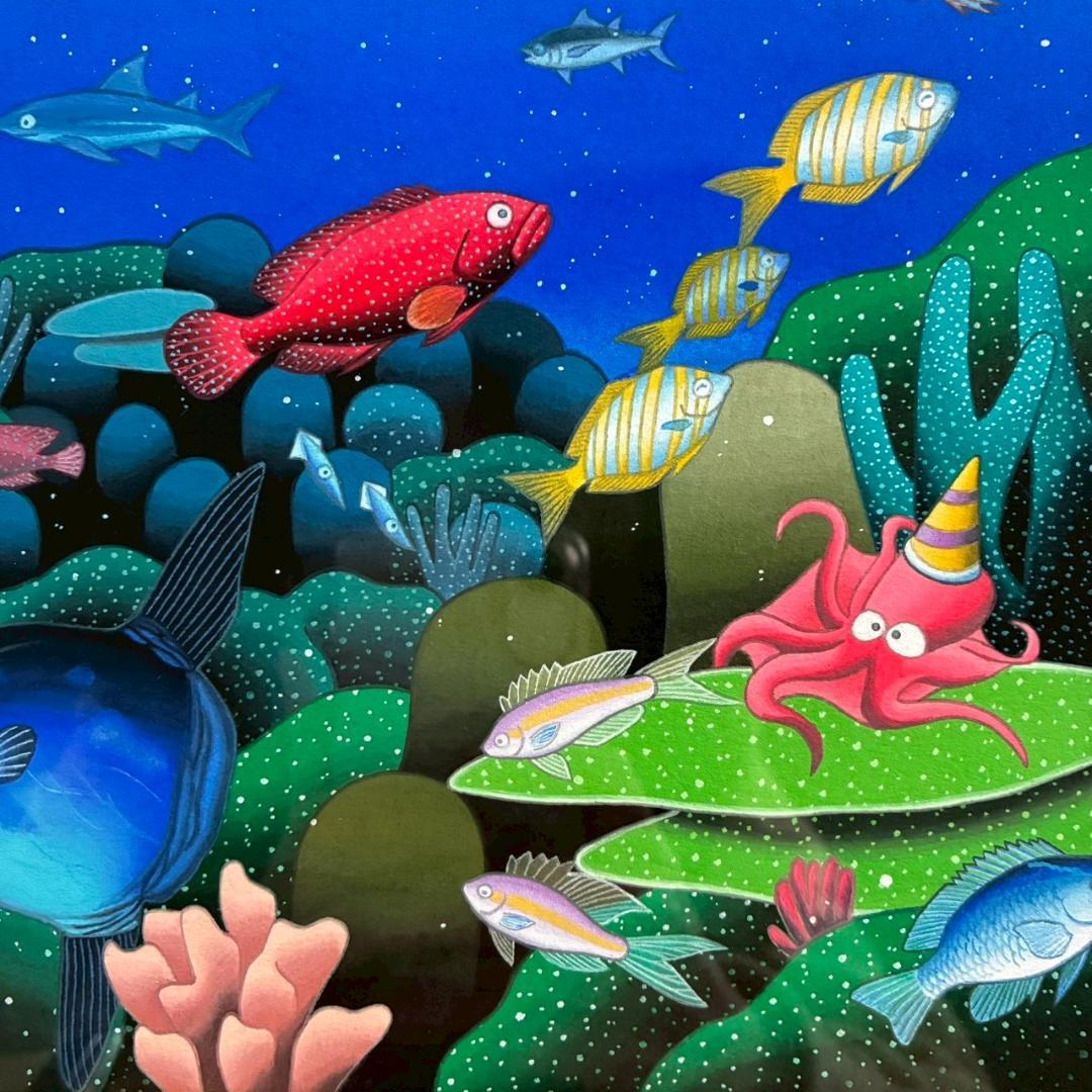 美品 木村茂樹「海底探検」ガッシュ 肉筆画 海と森の生きもの ファンタジー絵画