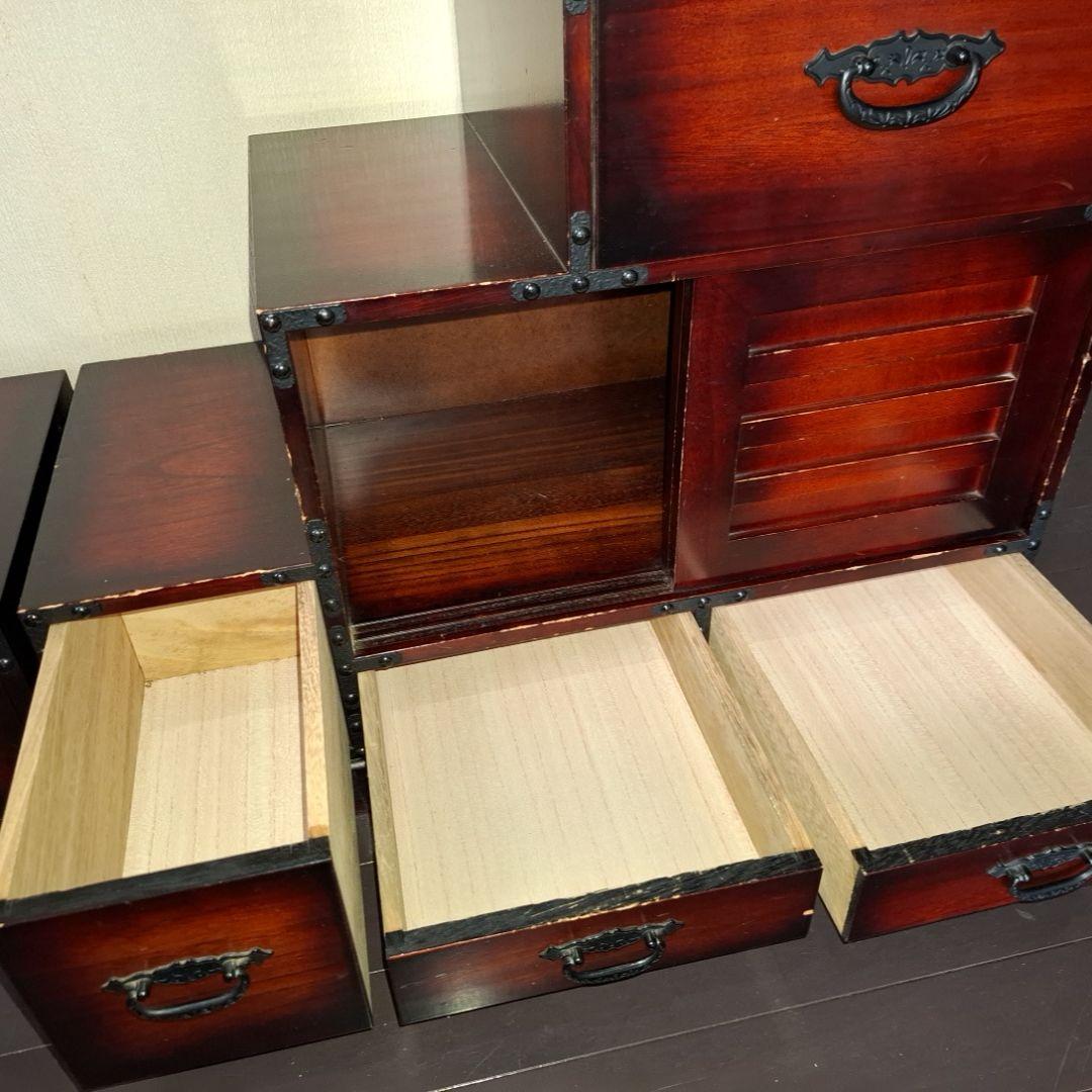 和の趣たっぷり階段たんす2点セット(加工ガラス天板付き)　民芸家具