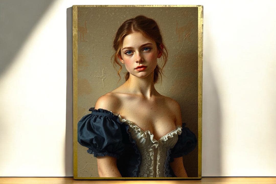 【見た事ないアート作品を】青と白のドレスの白人女性の肖像画