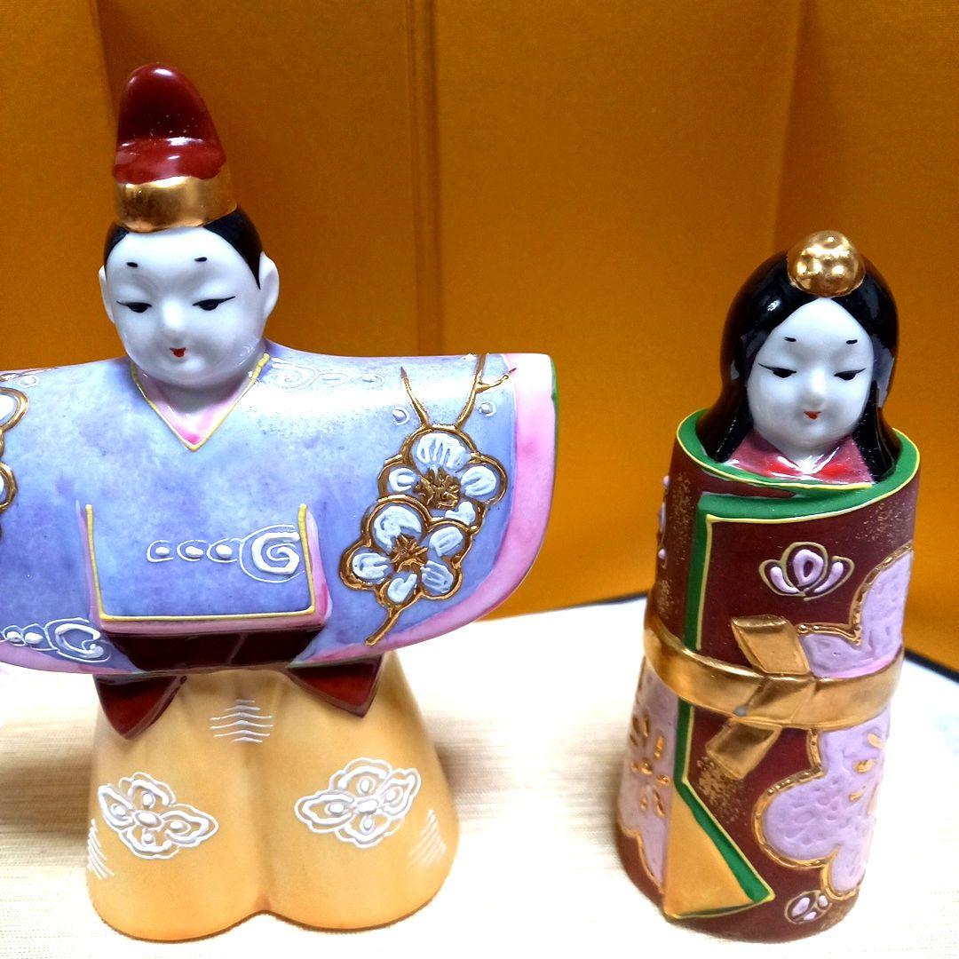 九谷焼　長峰窯　立ち雛 (紫盛) 屏風.台座.木札付き 箱入りす