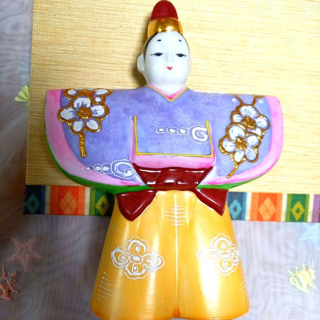 九谷焼　長峰窯　立ち雛 (紫盛) 屏風.台座.木札付き 箱入りす