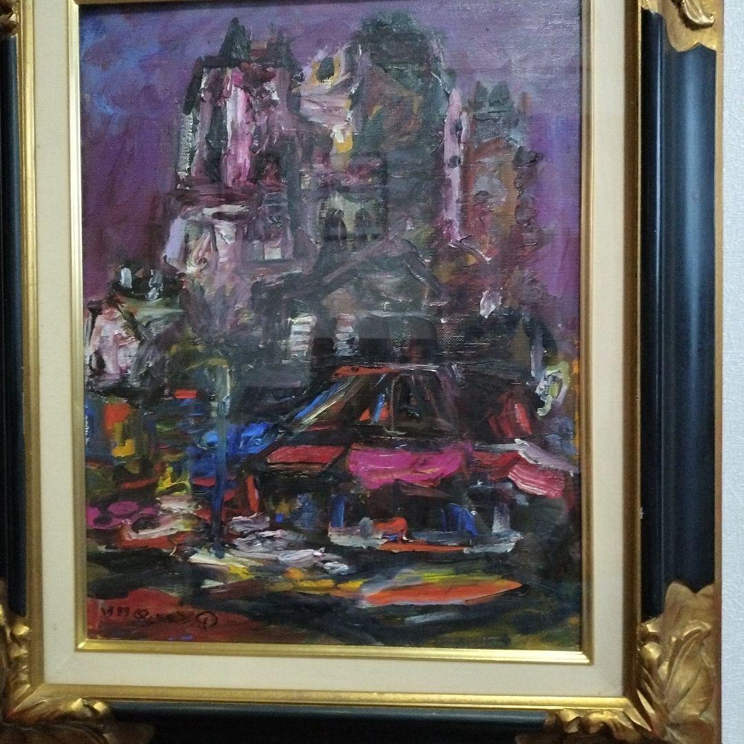 黒沢三郎サイン入り油彩画　街角