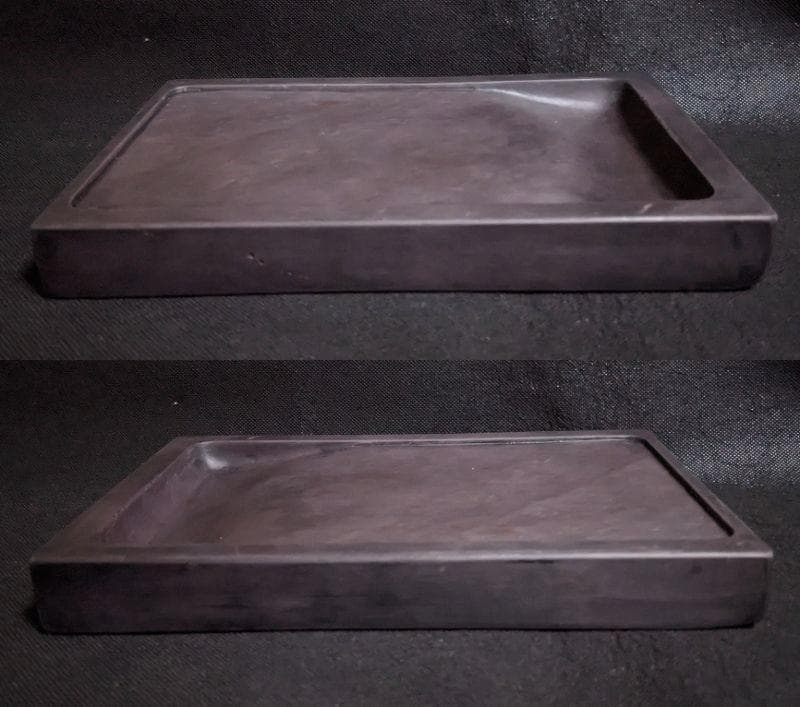 【端硯】◆青花・波紋・朱磋点・火捺の猪肝色美石◆十吋◆唐木箱◆包身硯◆文革期以前