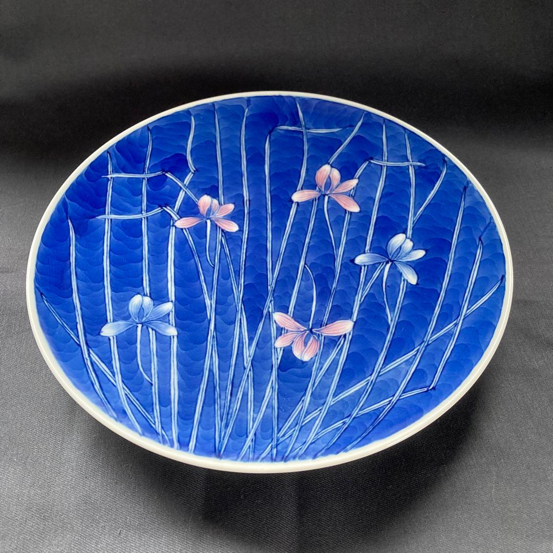 平戸祥山 青濃染錦 藍草花文 手描絵高台皿 21cm うっとりするほどの上品さ