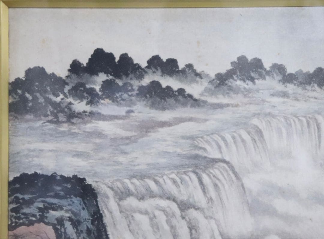 林天時筆　ニカラグア瀑布　紙本肉筆　着色水墨画　額装　送料込み269326