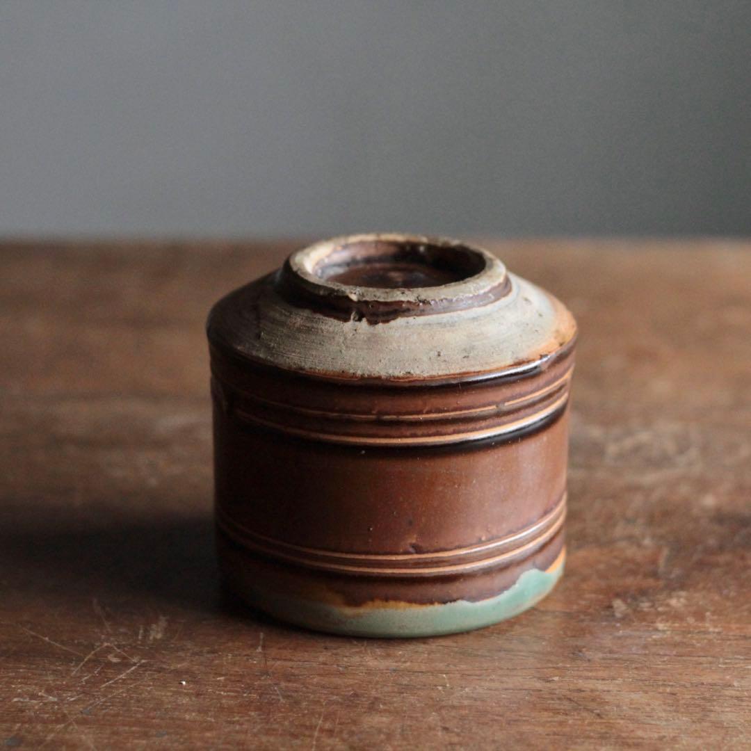 壺屋焼 緑釉掛け鉄釉 筒茶碗 火入 古道具 アンティーク