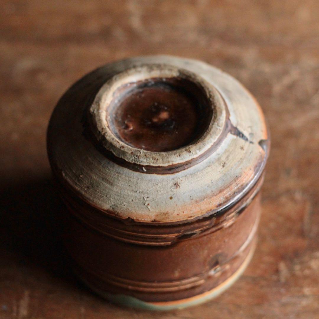 壺屋焼 緑釉掛け鉄釉 筒茶碗 火入 古道具 アンティーク