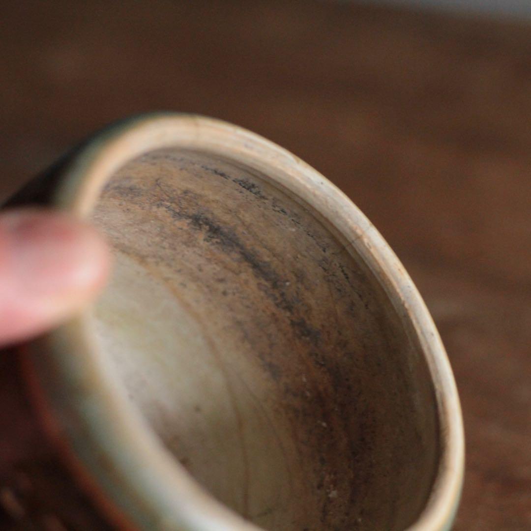 壺屋焼 緑釉掛け鉄釉 筒茶碗 火入 古道具 アンティーク