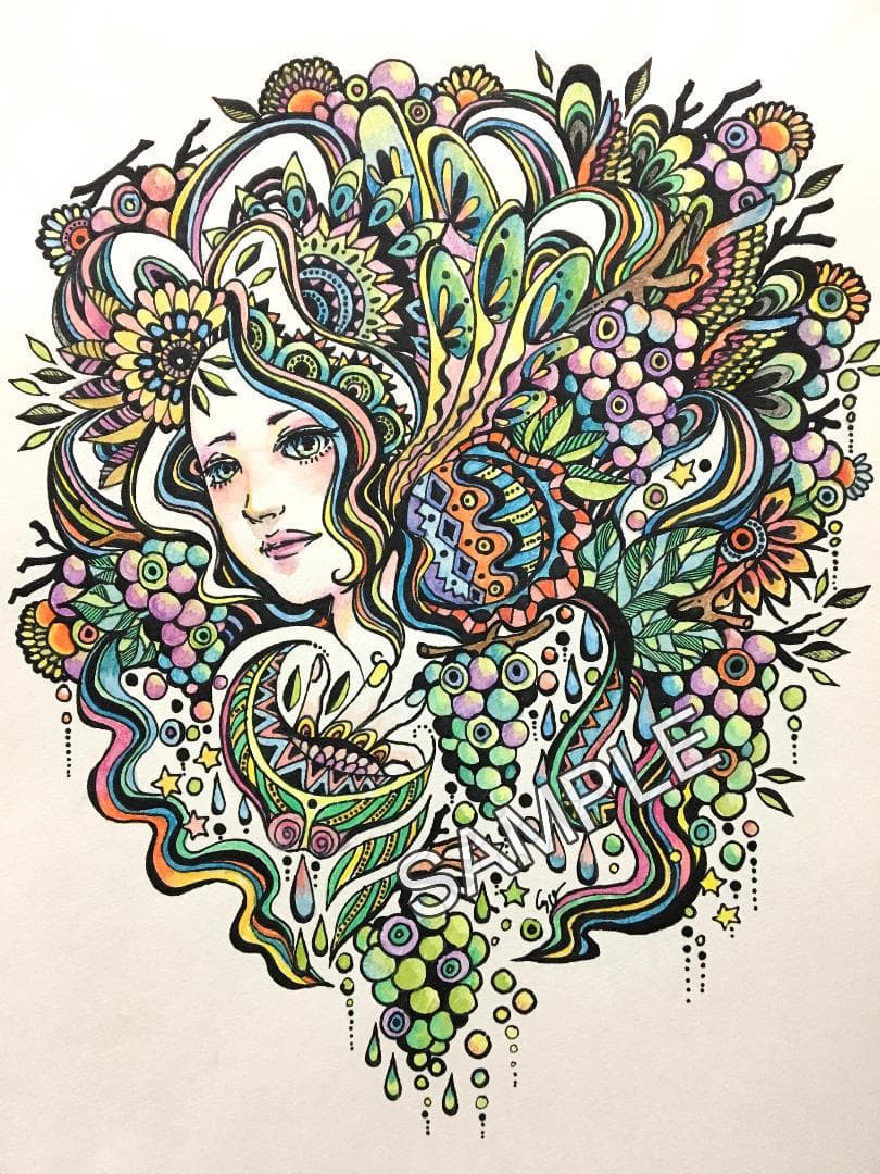 ペン画作品（手描き・水彩着色）「Grape」