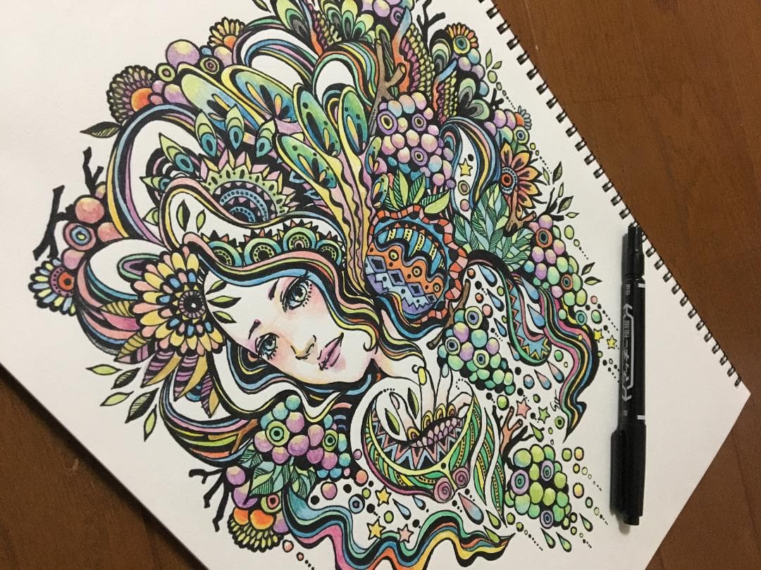 ペン画作品（手描き・水彩着色）「Grape」