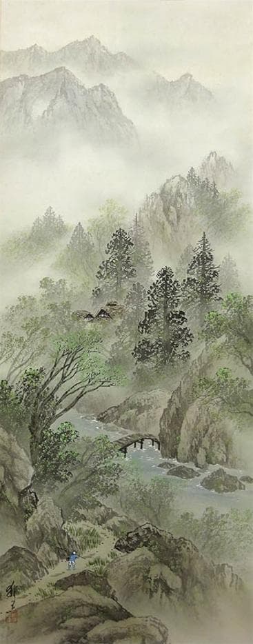 【真作】掛軸 福田耕二『青緑山水図』絹本 肉筆 共箱付 掛け軸 p042605