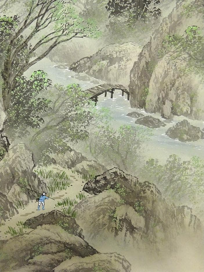 【真作】掛軸 福田耕二『青緑山水図』絹本 肉筆 共箱付 掛け軸 p042605