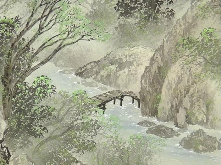 【真作】掛軸 福田耕二『青緑山水図』絹本 肉筆 共箱付 掛け軸 p042605