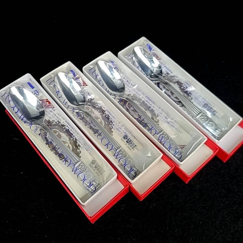 ●未使用/ラッキーウッド　カトラリー　洋白銀器　スプーン　14本　箱つき 1