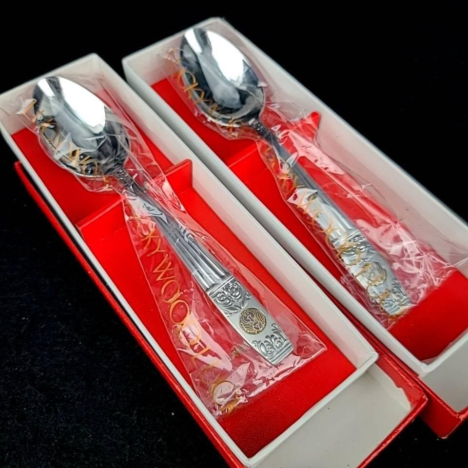 ●未使用/ラッキーウッド　カトラリー　洋白銀器　スプーン　14本　箱つき 1