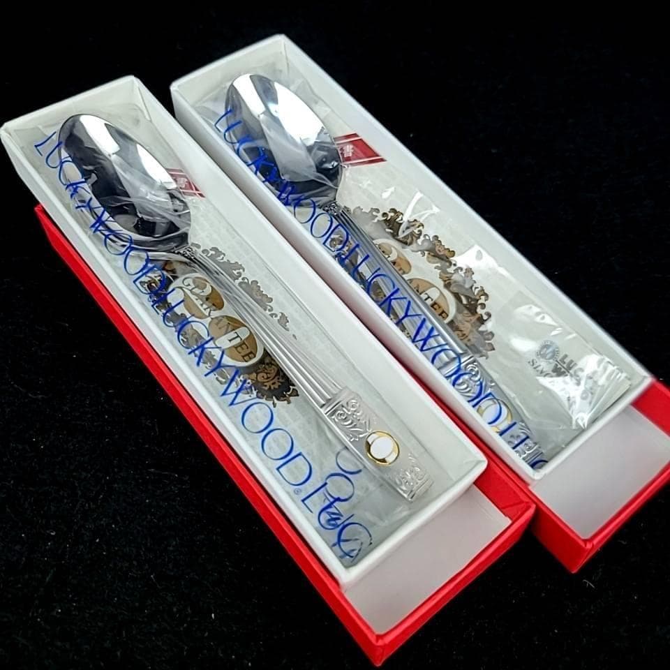 ●未使用/ラッキーウッド　カトラリー　洋白銀器　スプーン　14本　箱つき 1