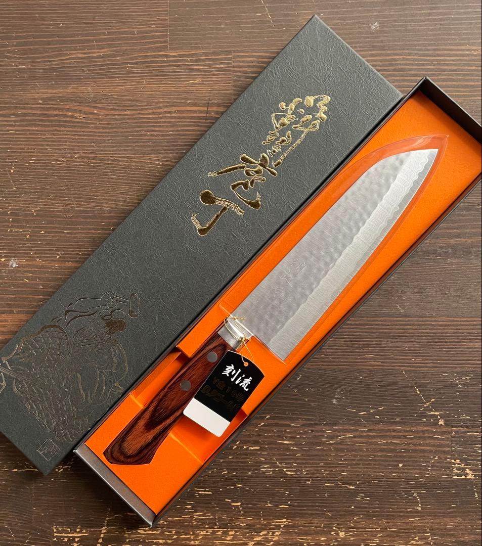 増谷刃物 訓平作 三徳包丁 VG10ステンレス 積層槌目（刻流）口金有 マホガニ