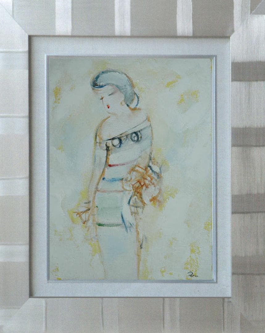 油絵 菅家令子 絵 絵画インテリア額付(青緑＋銀) F3-020311人物 女性