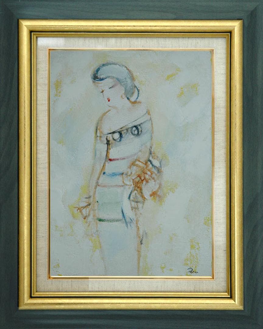 油絵 菅家令子 絵 絵画インテリア額付(青緑＋銀) F3-020311人物 女性