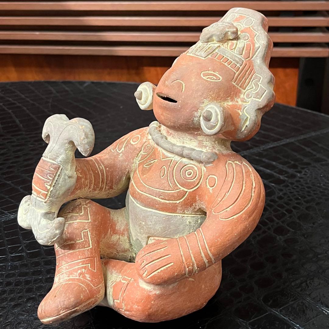 マヤ・アステカの座る神テラコッタ粘土彫刻像 古代文化 陶器製人形