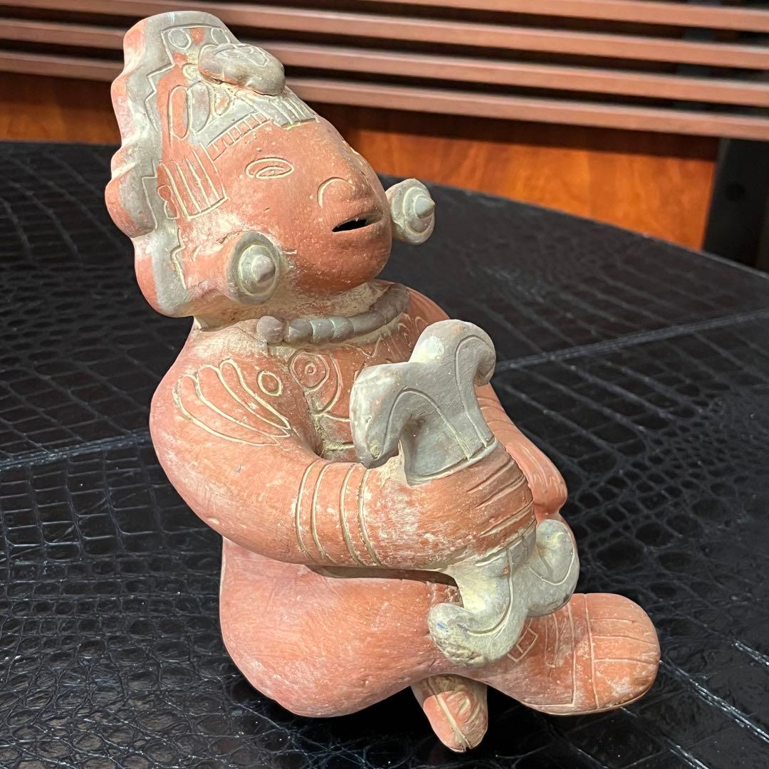 マヤ・アステカの座る神テラコッタ粘土彫刻像 古代文化 陶器製人形