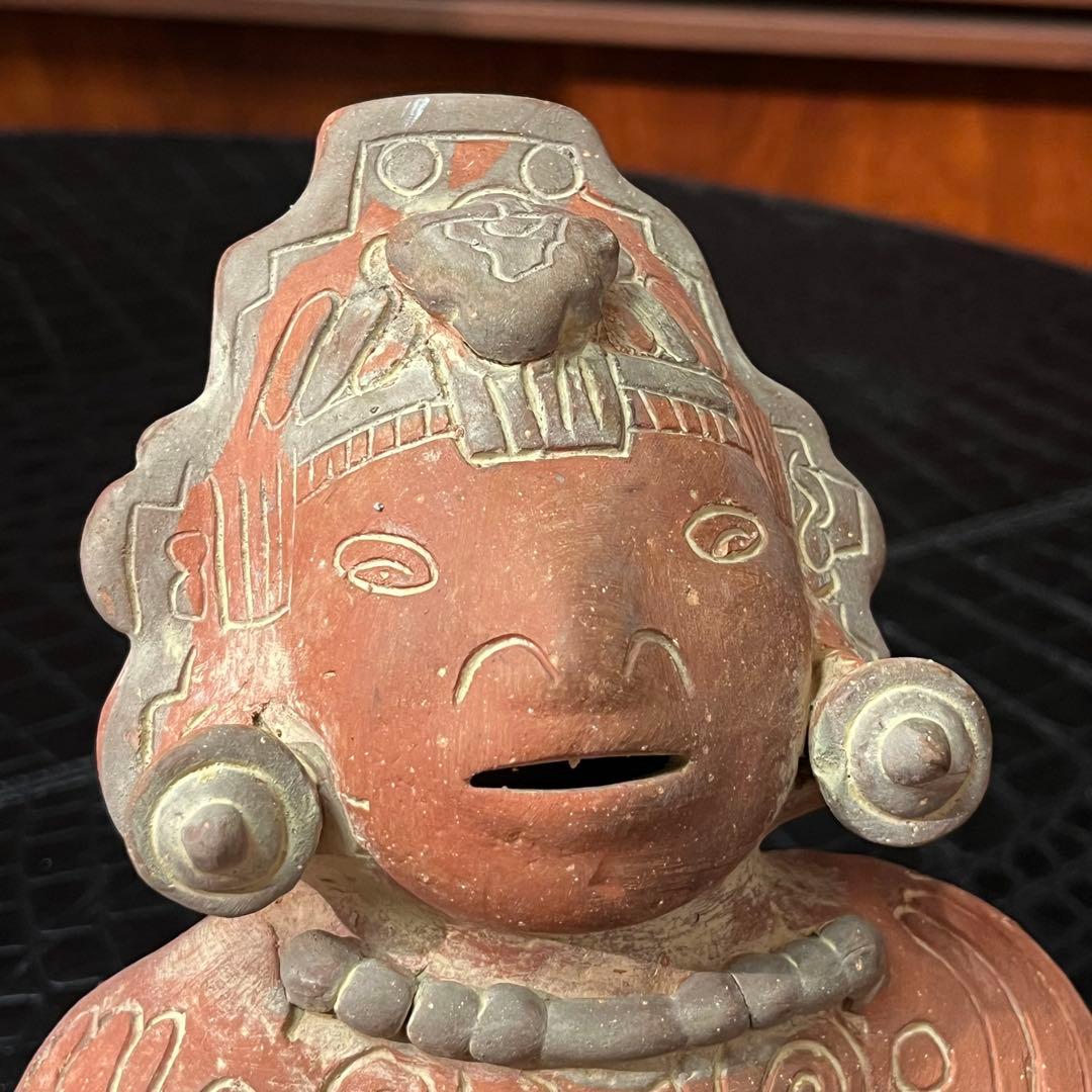 マヤ・アステカの座る神テラコッタ粘土彫刻像 古代文化 陶器製人形