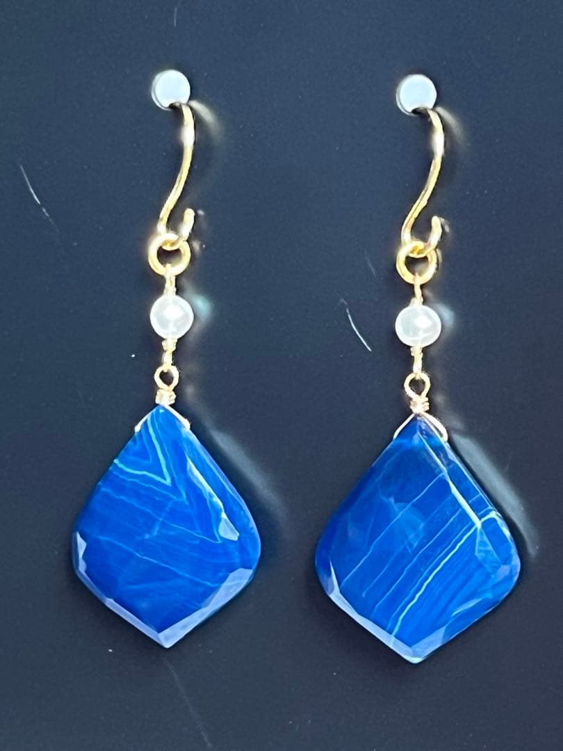 skygray　14kgf ブルーカルセドニー リーフシェイプ ピアス