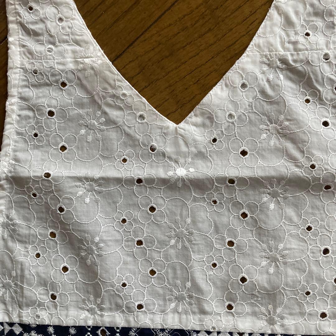 パッチワークエプロン・刺繍入りホワイトネイビーエプロン#41