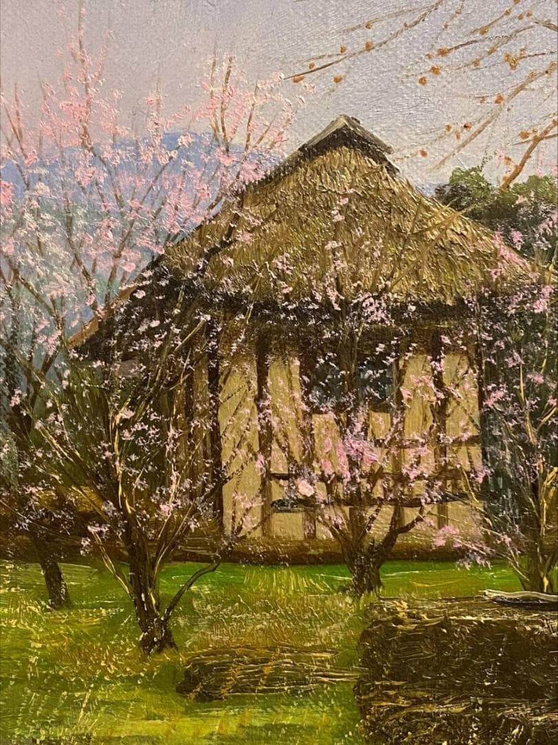 「真作」細川進『杏の里』 風景画　F4　号油絵　絵画　油彩画　額装　サイン有り