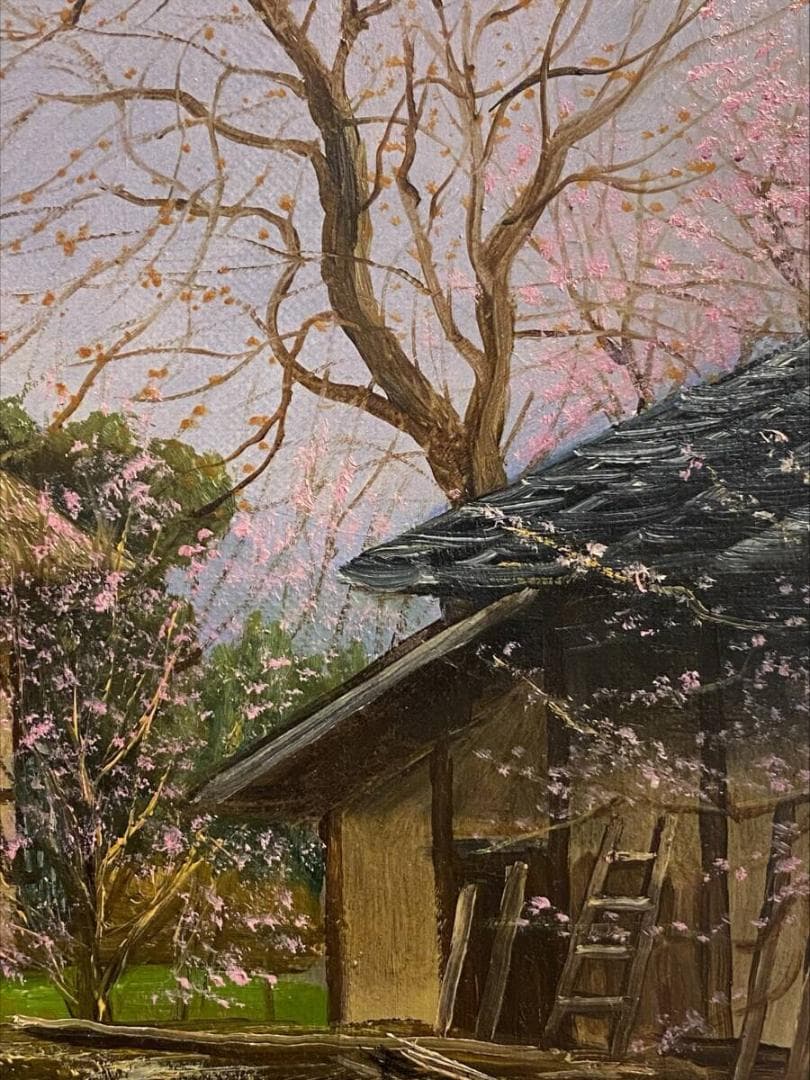 「真作」細川進『杏の里』 風景画　F4　号油絵　絵画　油彩画　額装　サイン有り