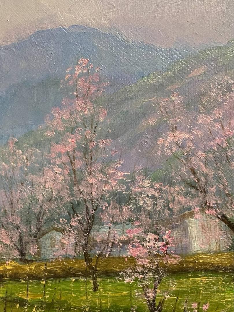 「真作」細川進『杏の里』 風景画　F4　号油絵　絵画　油彩画　額装　サイン有り