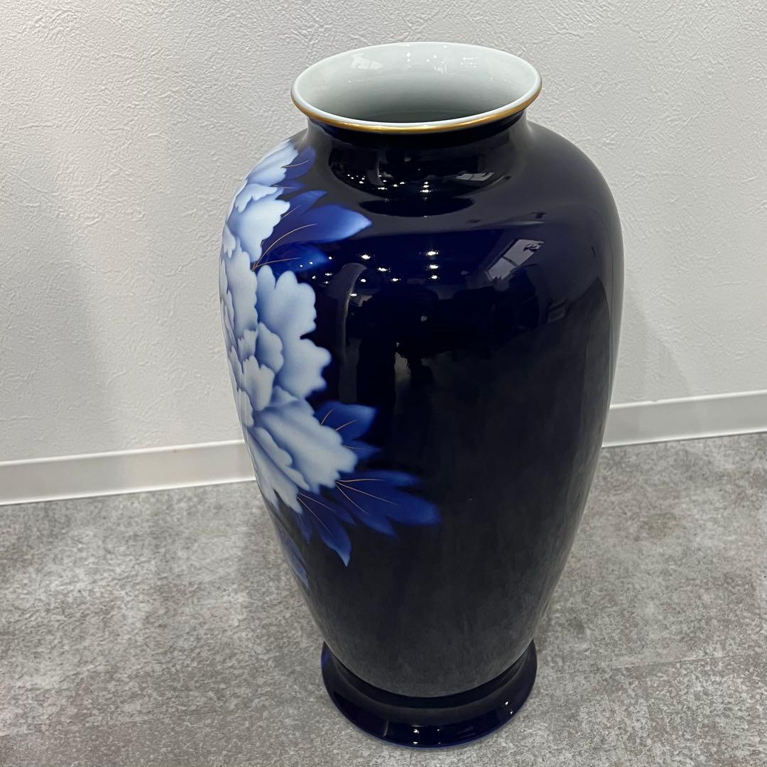 未使用 深川製磁 ルリ牡丹 花瓶 インテリア 細長１４号花生 金彩瑠璃 花器