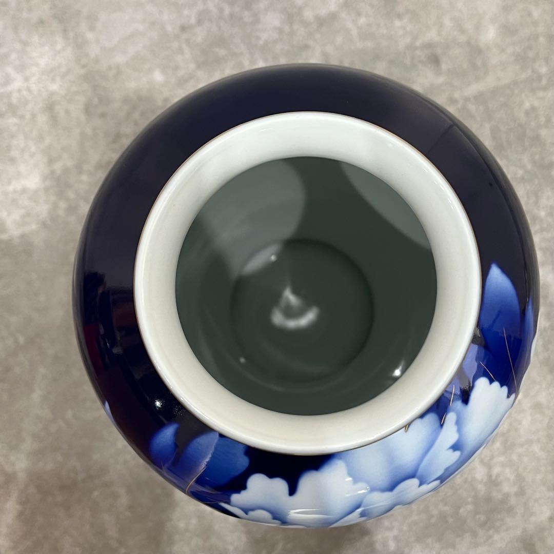 未使用 深川製磁 ルリ牡丹 花瓶 インテリア 細長１４号花生 金彩瑠璃 花器