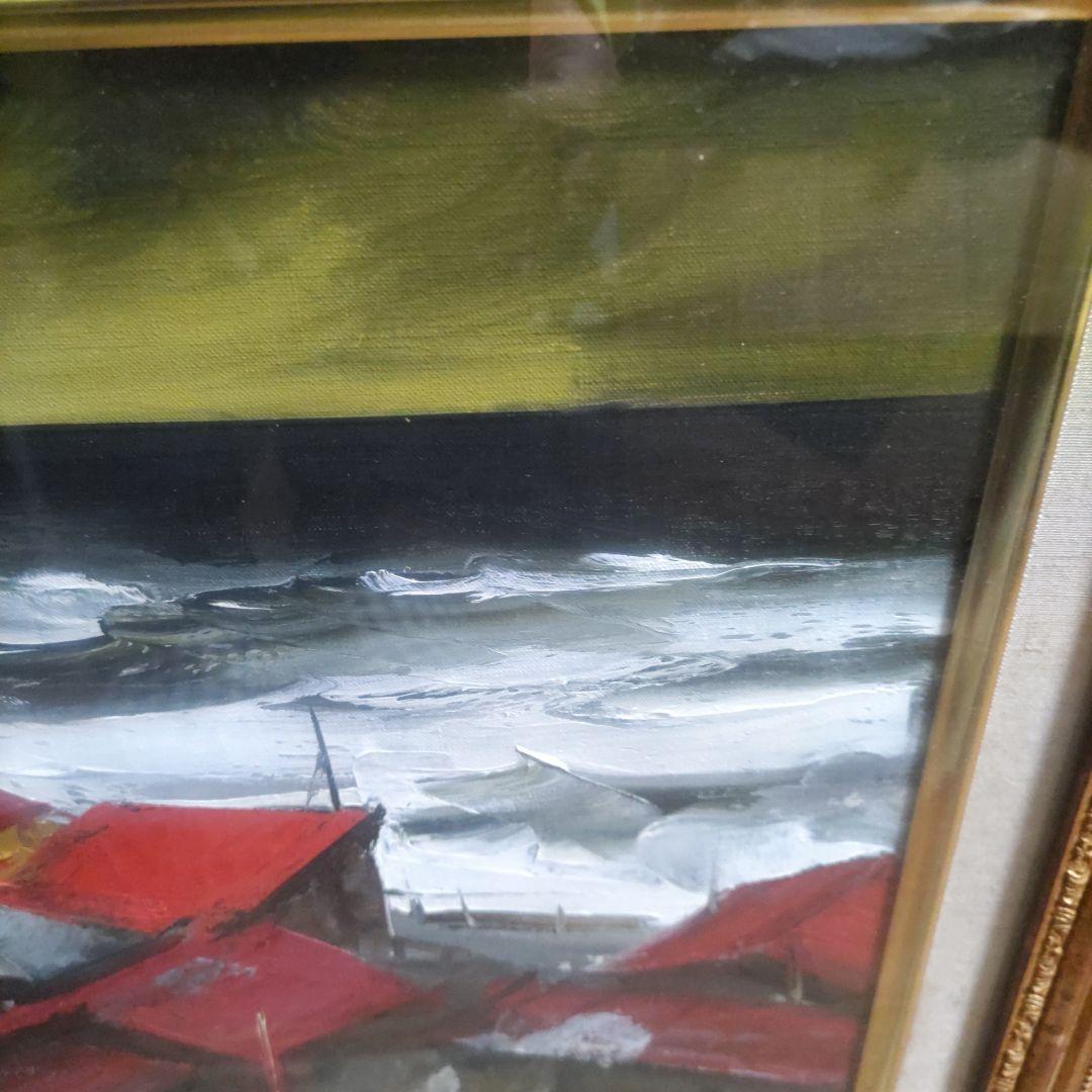 葛西四雄　北の漁村　油彩画　6号