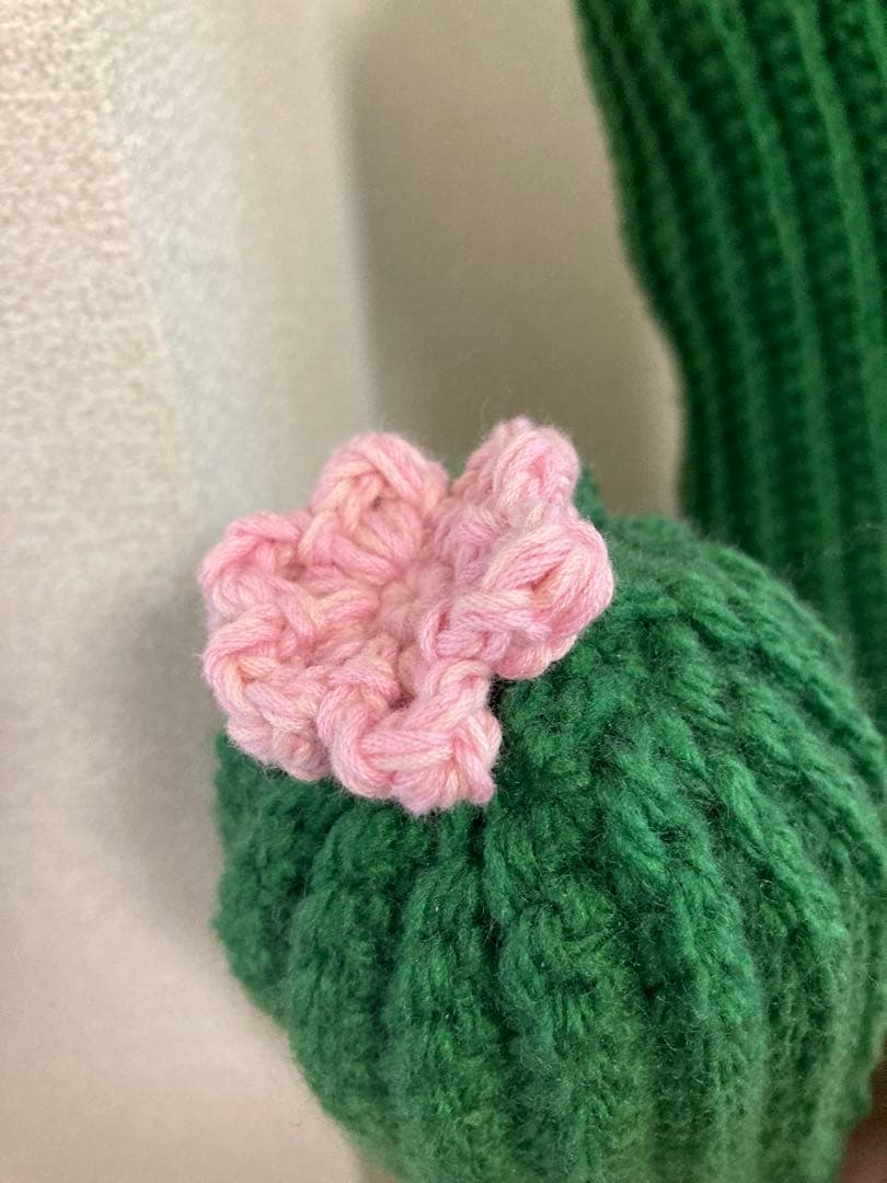 編み物　ハンドメイド　ニットサボテン 大きめ 花付き　緑　毛糸