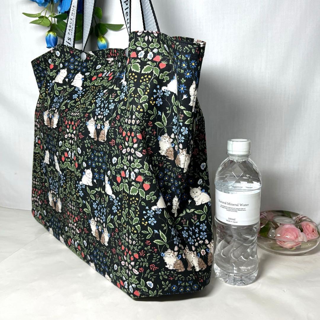 ともこ　エコバッグ　トートバッグ　猫の庭園　ブラック　ハンドメイド