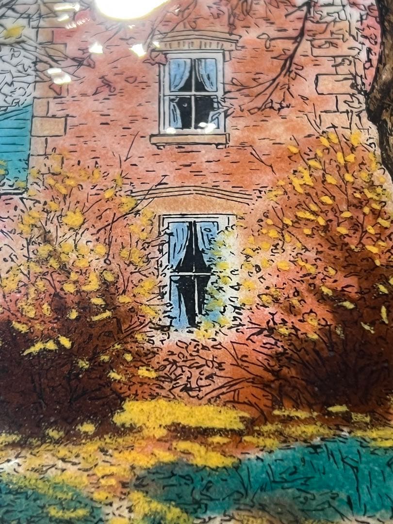 未使用七宝焼　秋のかえで彩光舎112-06アクリル木製額29X29絵15X15㎝