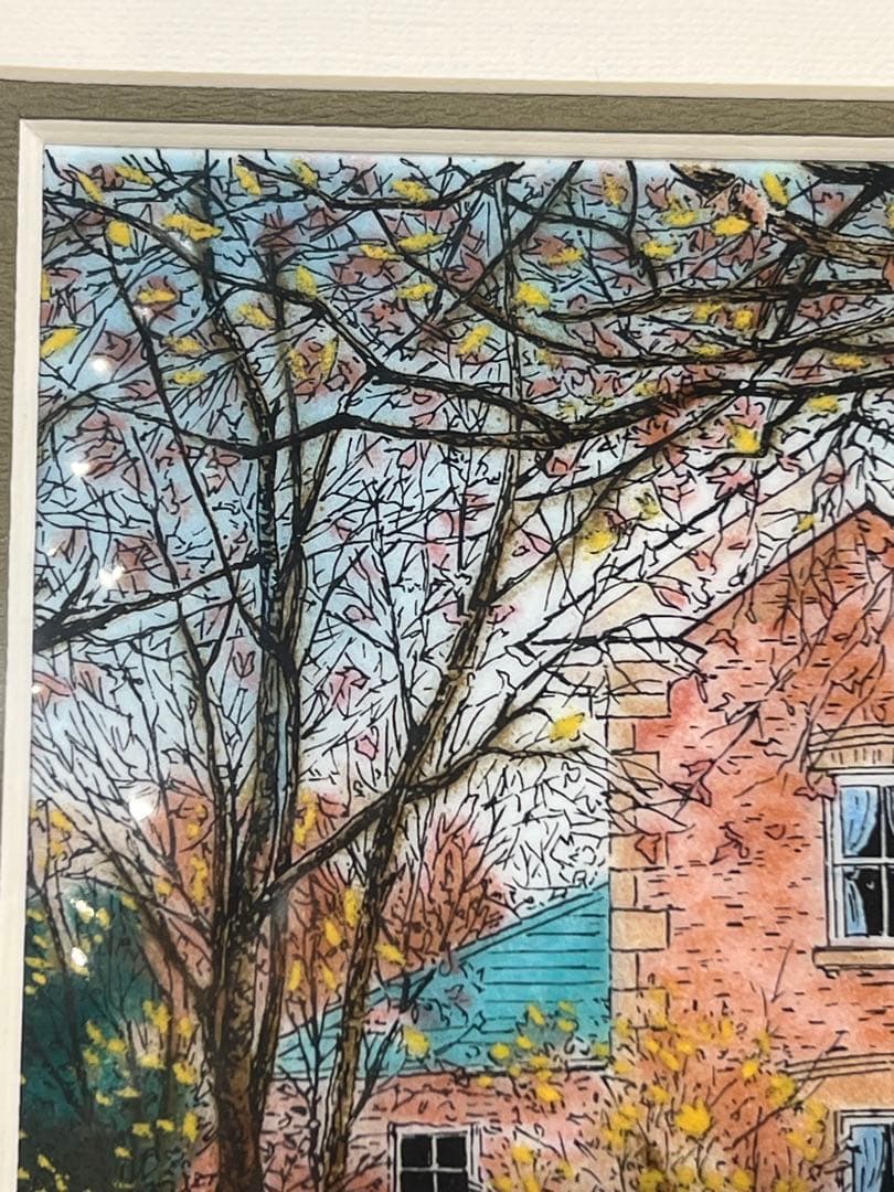 未使用七宝焼　秋のかえで彩光舎112-06アクリル木製額29X29絵15X15㎝