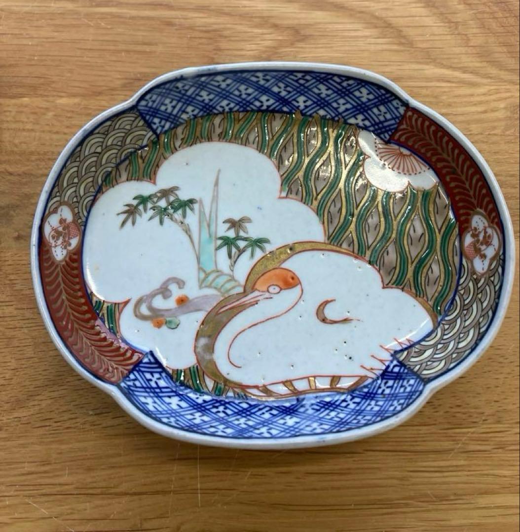 江戸末〜明治期？　古伊万里　染錦　波鶴文　変形皿　平皿　骨董品　3枚セット