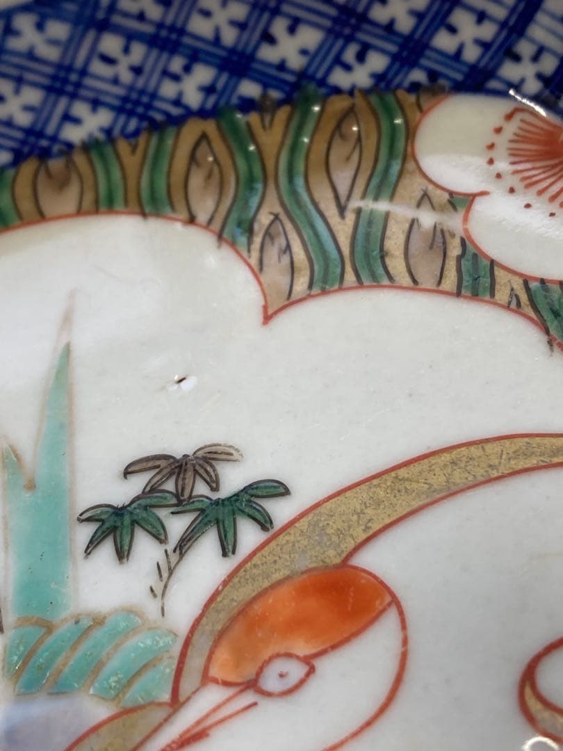 江戸末〜明治期？　古伊万里　染錦　波鶴文　変形皿　平皿　骨董品　3枚セット