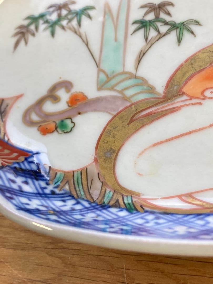 江戸末〜明治期？　古伊万里　染錦　波鶴文　変形皿　平皿　骨董品　3枚セット