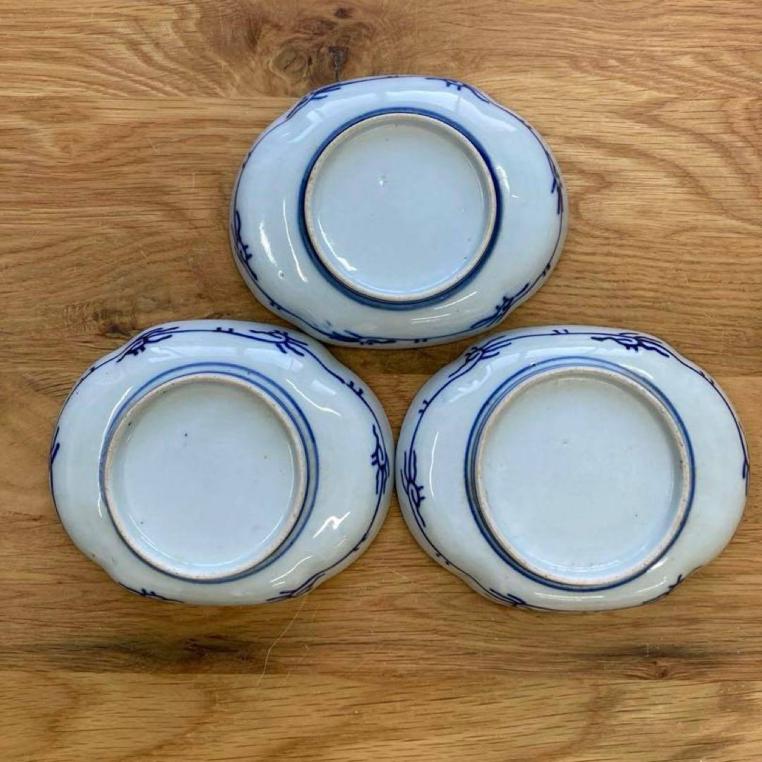 江戸末〜明治期？　古伊万里　染錦　波鶴文　変形皿　平皿　骨董品　3枚セット