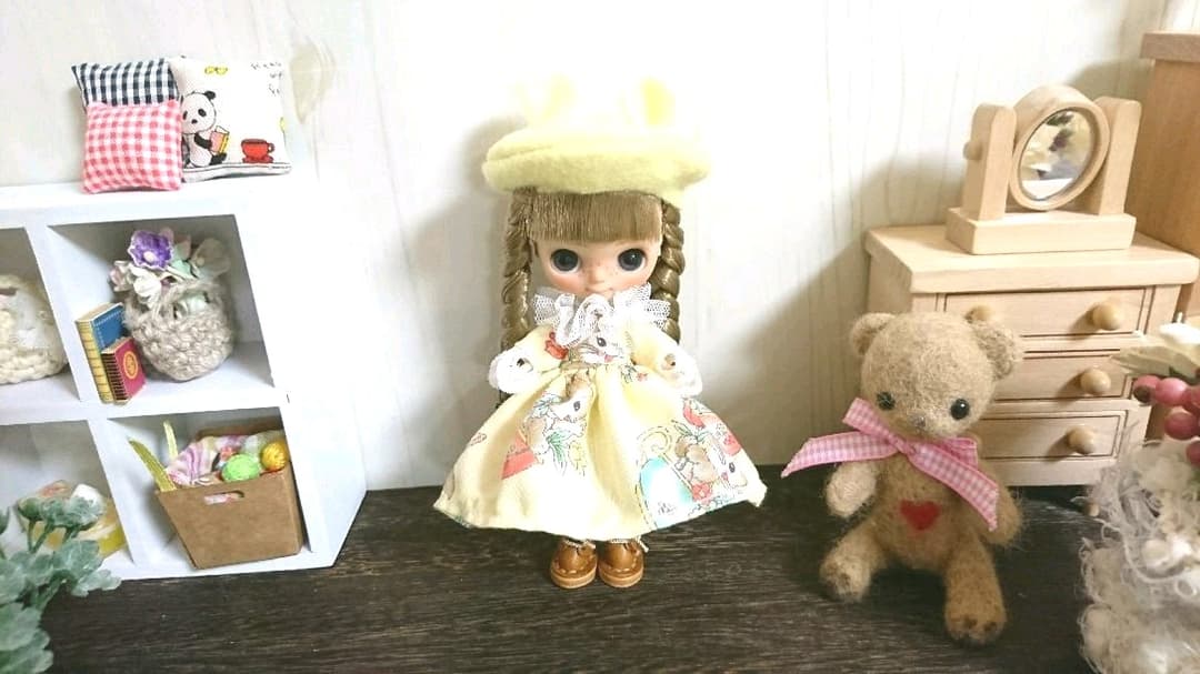 みにぽん☆プチブライス ～黄色うさぎちゃん柄ドレスワンピースセット～