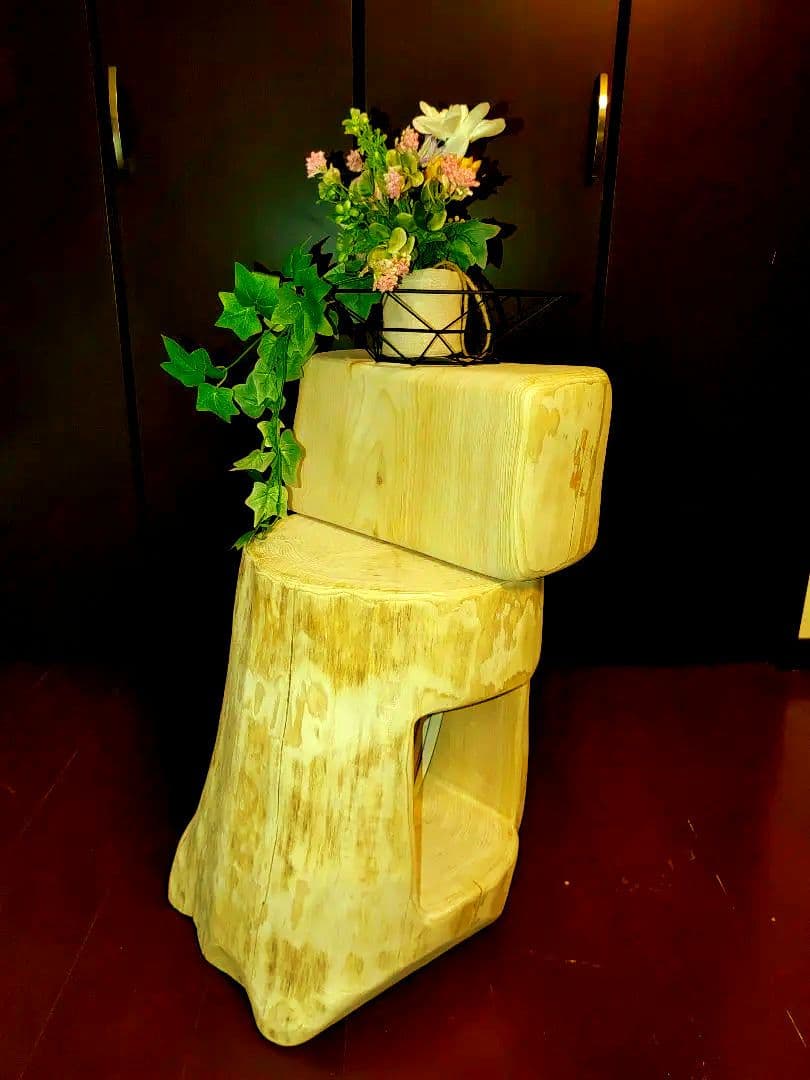 ①大型 切り株 ひのき くりぬき 親子 本立て 椅子 スツール テーブル 花台