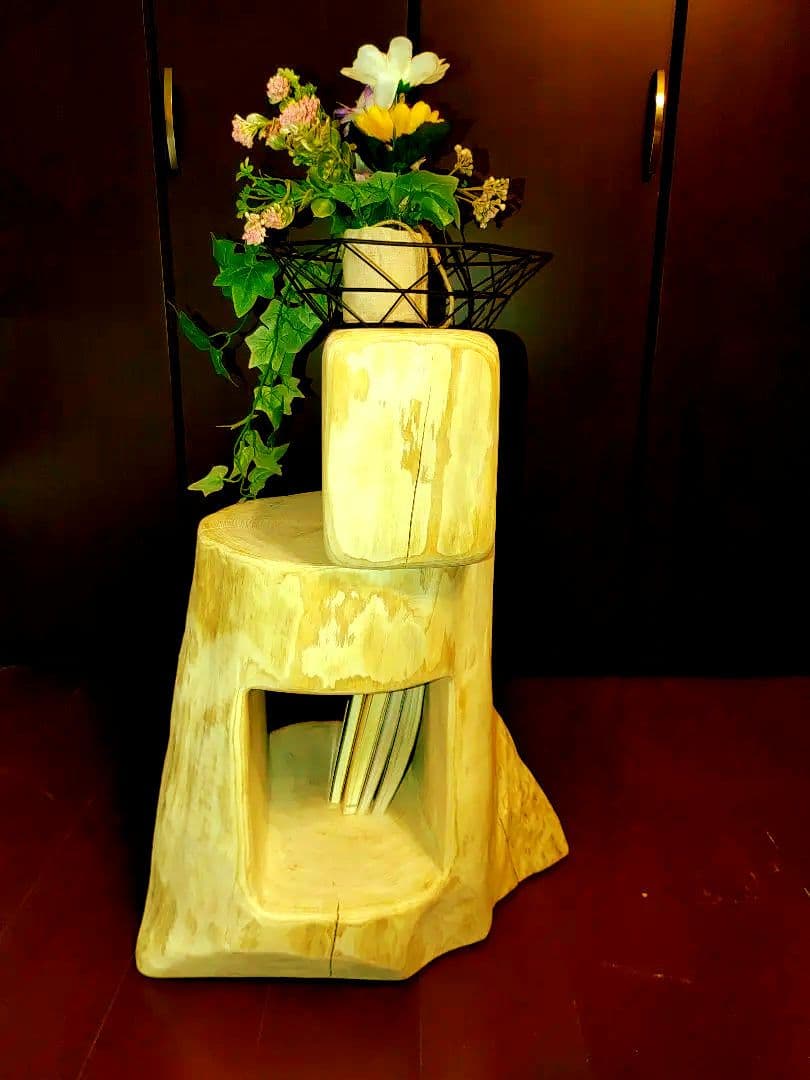 ①大型 切り株 ひのき くりぬき 親子 本立て 椅子 スツール テーブル 花台