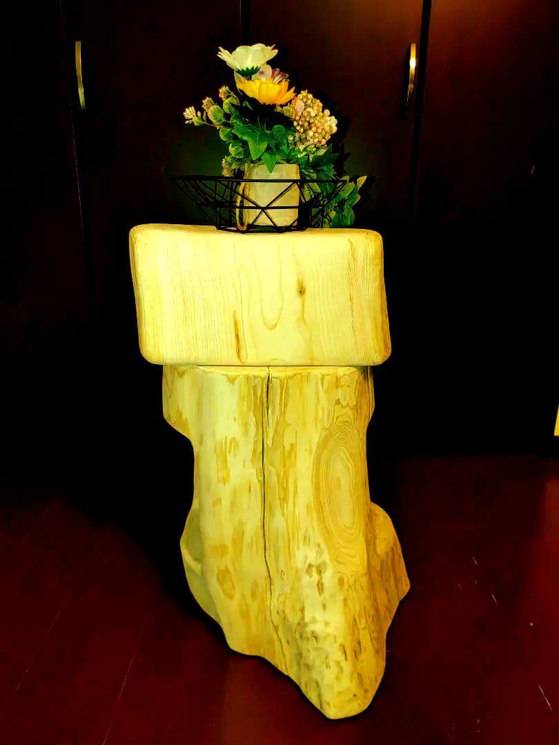①大型 切り株 ひのき くりぬき 親子 本立て 椅子 スツール テーブル 花台