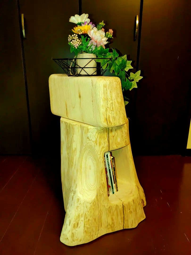 ①大型 切り株 ひのき くりぬき 親子 本立て 椅子 スツール テーブル 花台