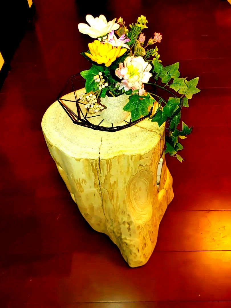 ①大型 切り株 ひのき くりぬき 親子 本立て 椅子 スツール テーブル 花台